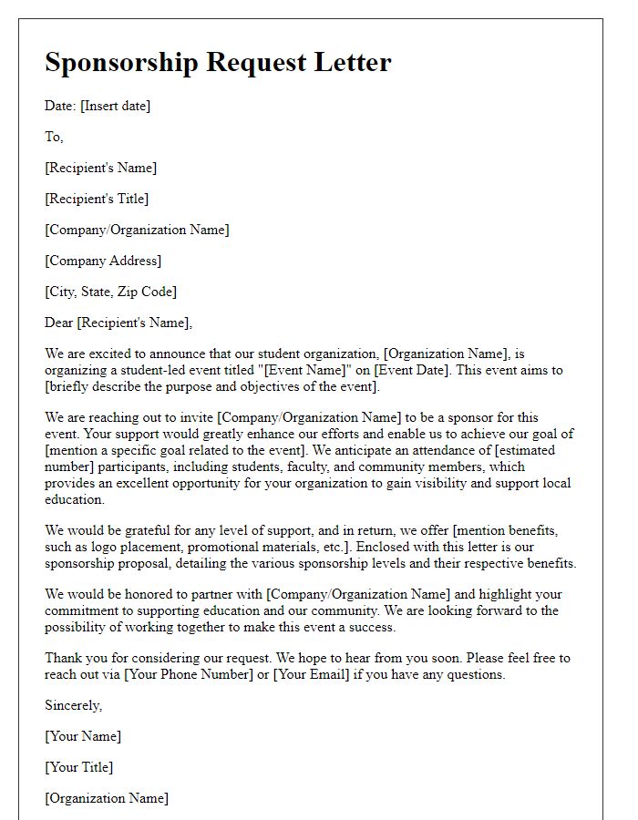 Letter template of sponsorship letter for student-led event