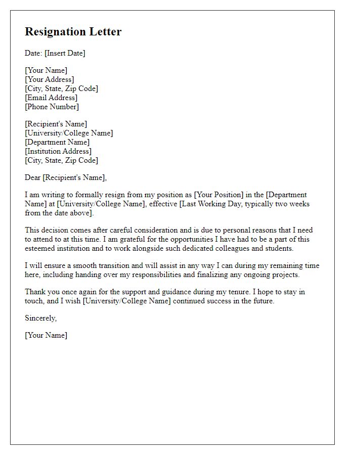 Letter template of faculty resignation due to personal reasons