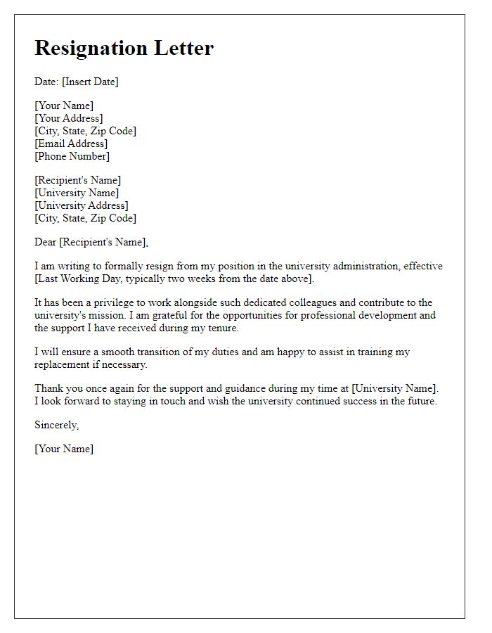 Letter template of resignation from a university administration role