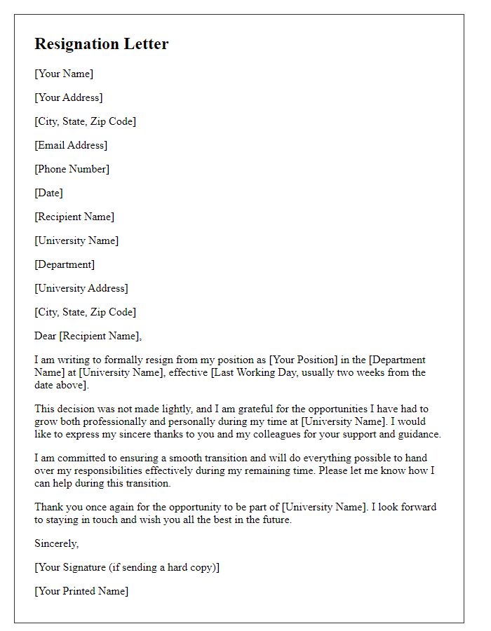 Letter template of resignation from university teaching position