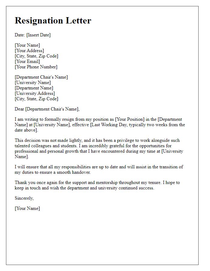 Letter template of resignation for university faculty position