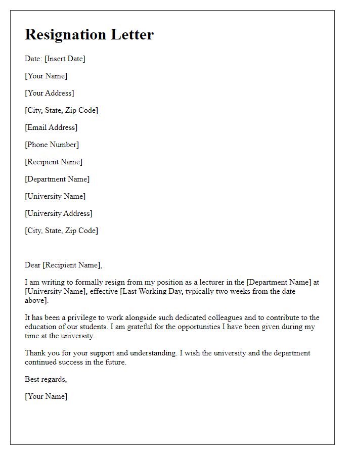 Letter template of resignation for university lecturer role