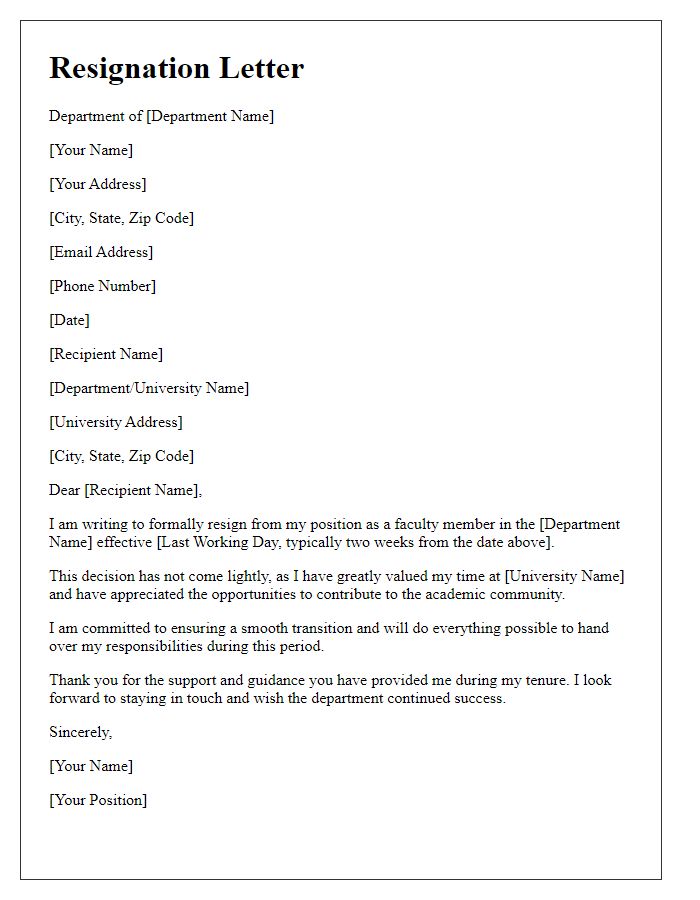 Letter template of tendering resignation as a department faculty member