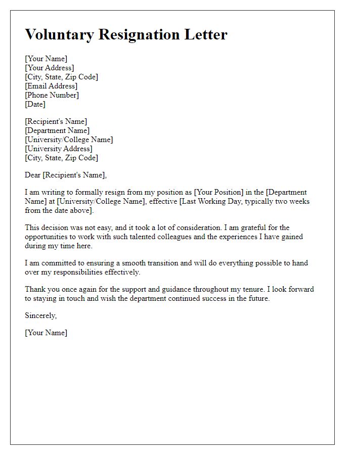 Letter template of voluntary resignation for academic staff