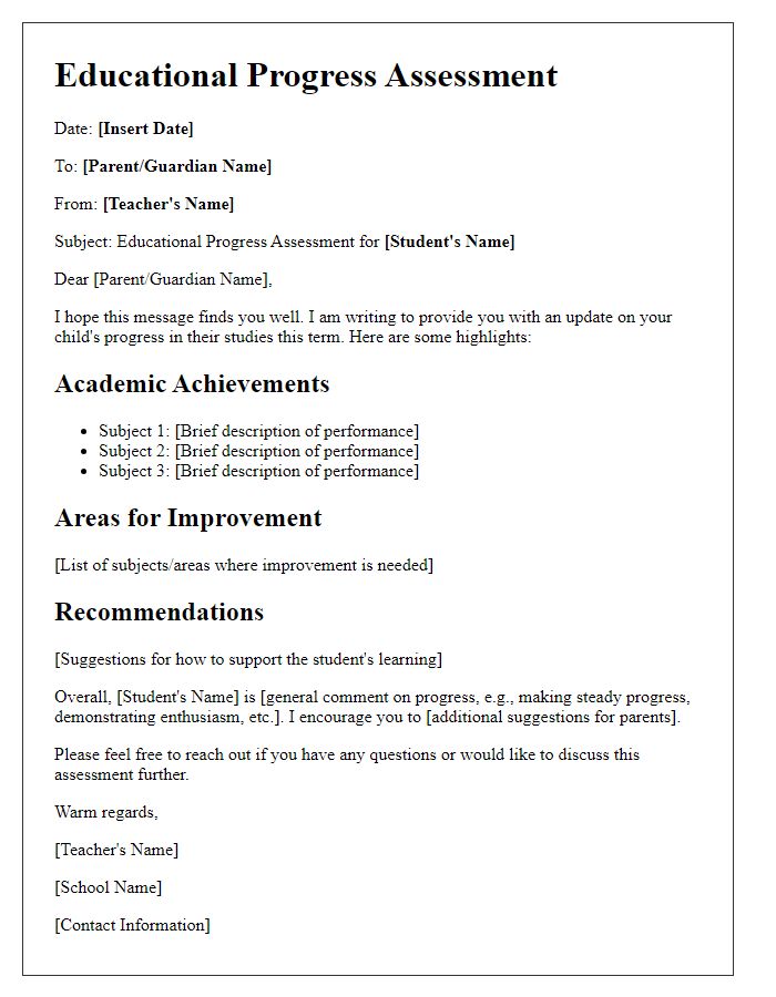 Letter template of educational progress assessment.