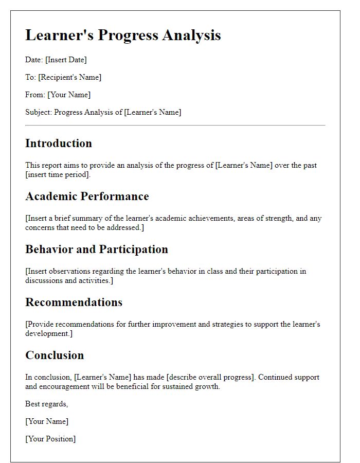 Letter template of learner's progress analysis.