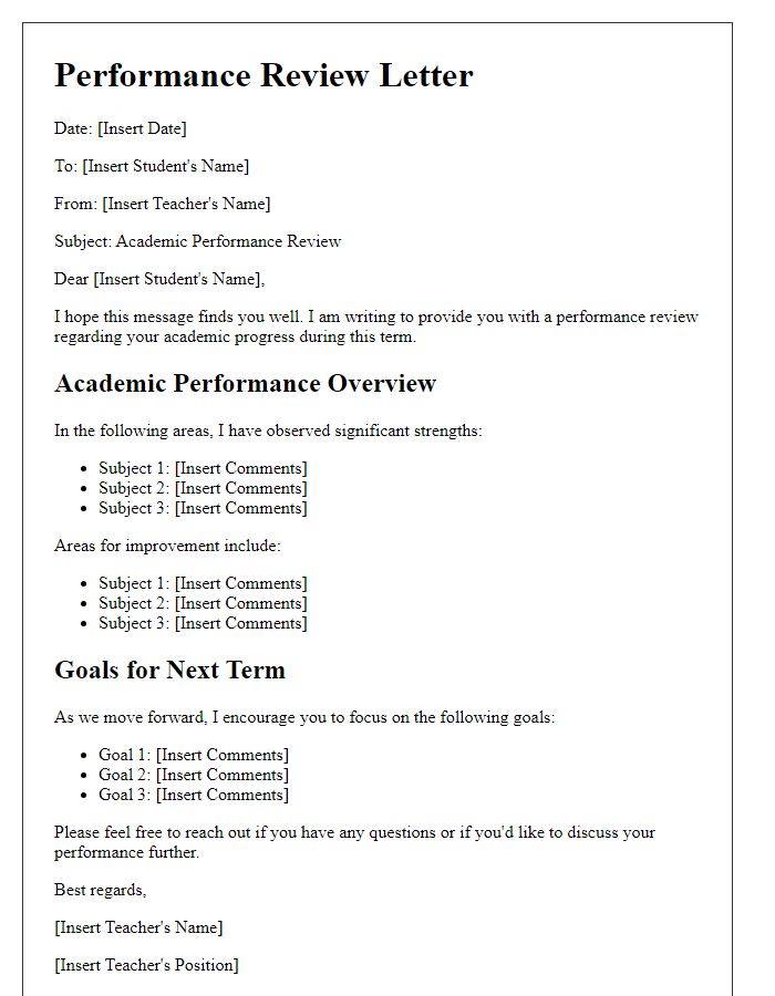 Letter template of performance review in academics.