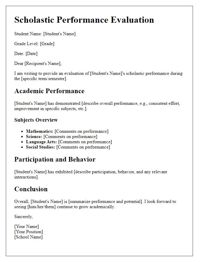 Letter template of scholastic performance evaluation.