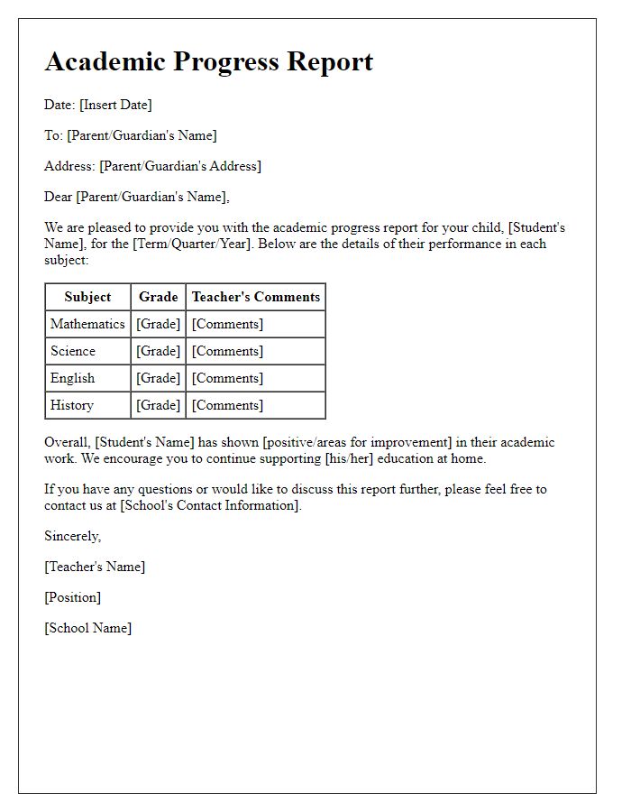 Letter template of student academic progress report.