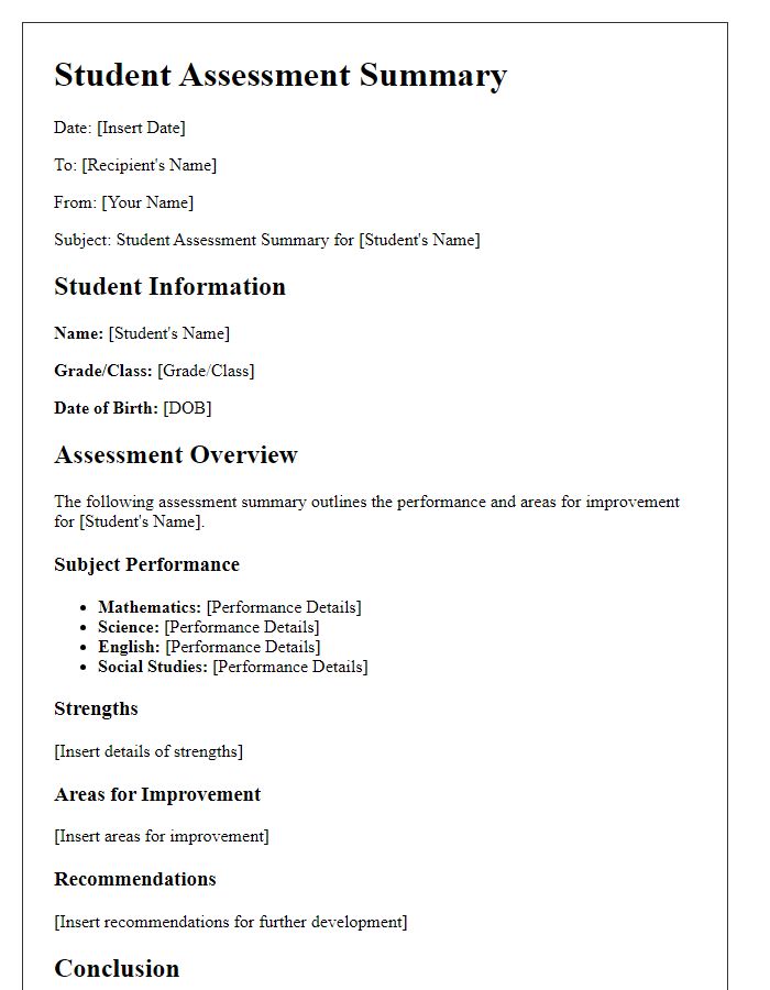 Letter template of student assessment summary.