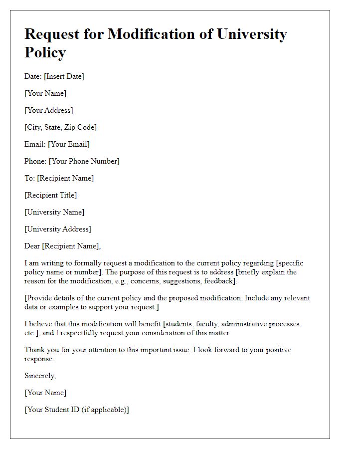 Letter template of university policy modification request