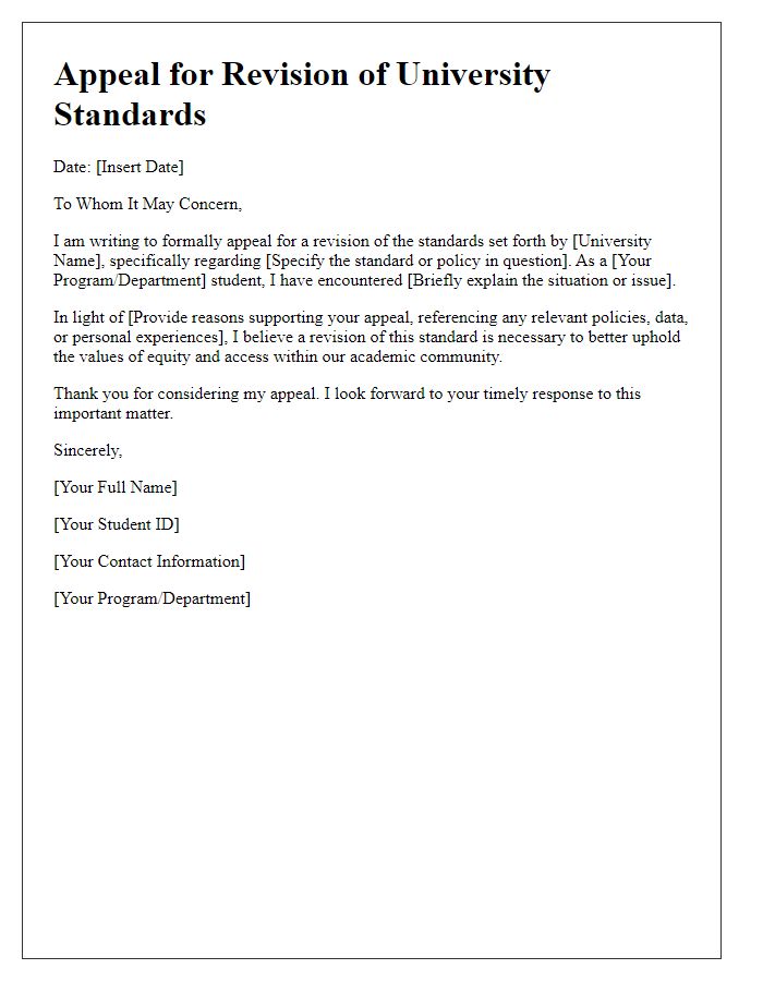 Letter template of university standards revision appeal