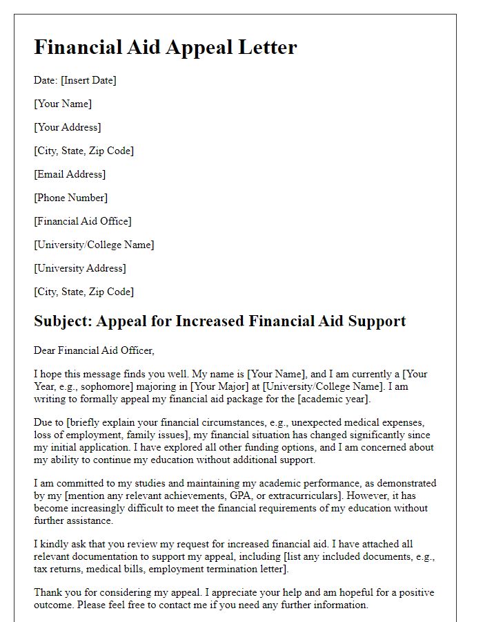 Letter template of appeal for increased financial aid support