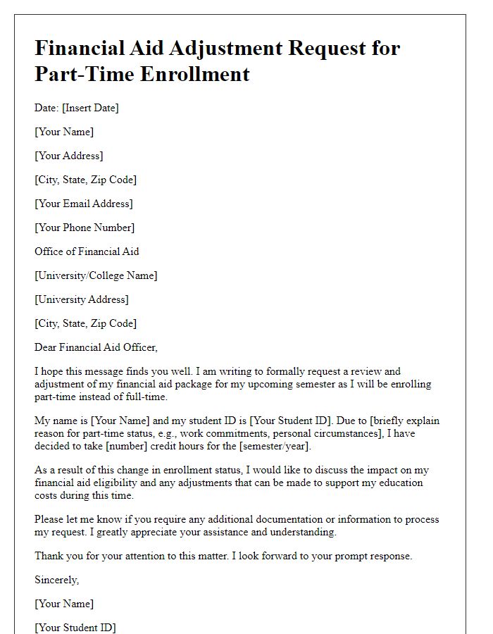 Letter template of financial aid adjustment for part-time enrollment