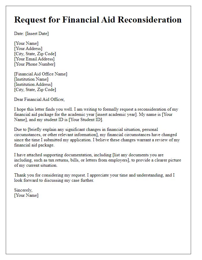 Letter template of request for student financial aid reconsideration