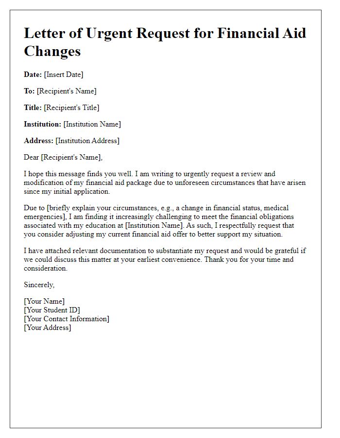 Letter template of urgent request for financial aid changes