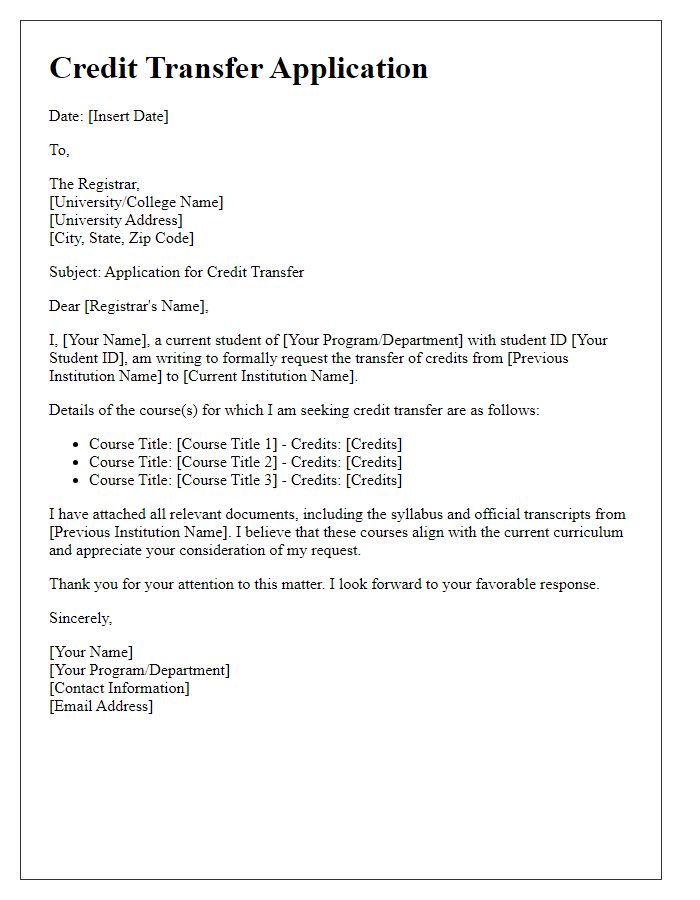 Letter template of credit transfer application for current students.