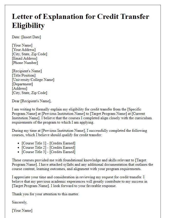 Letter template of explanation for credit transfer eligibility from specific program.