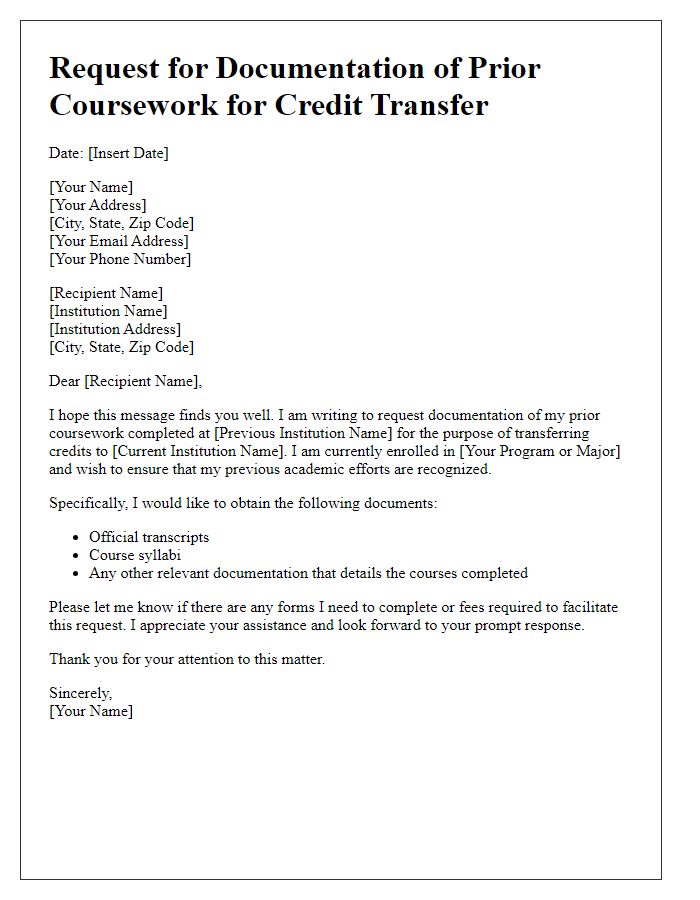 Letter template of request for documentation of prior coursework for credit transfer.