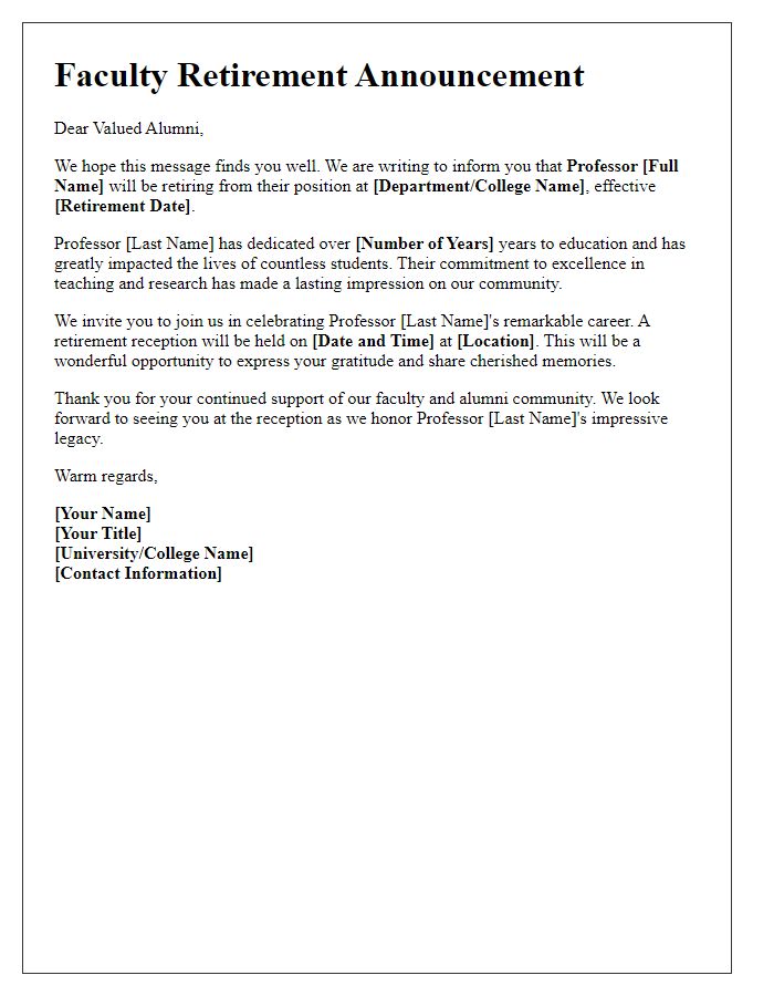 Letter template of faculty retirement announcement for alumni engagement