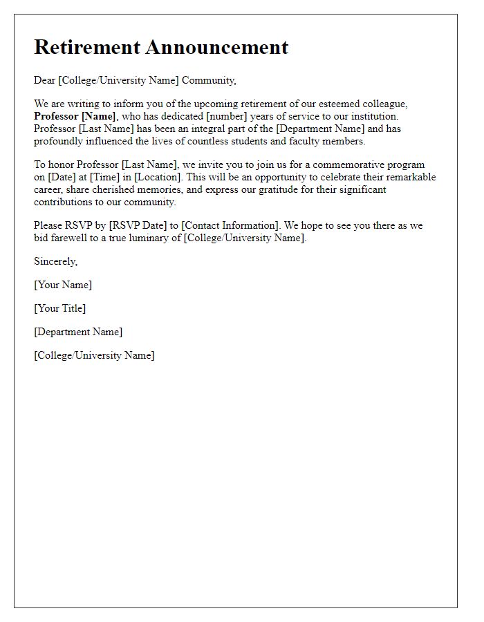 Letter template of faculty retirement announcement for a commemorative program