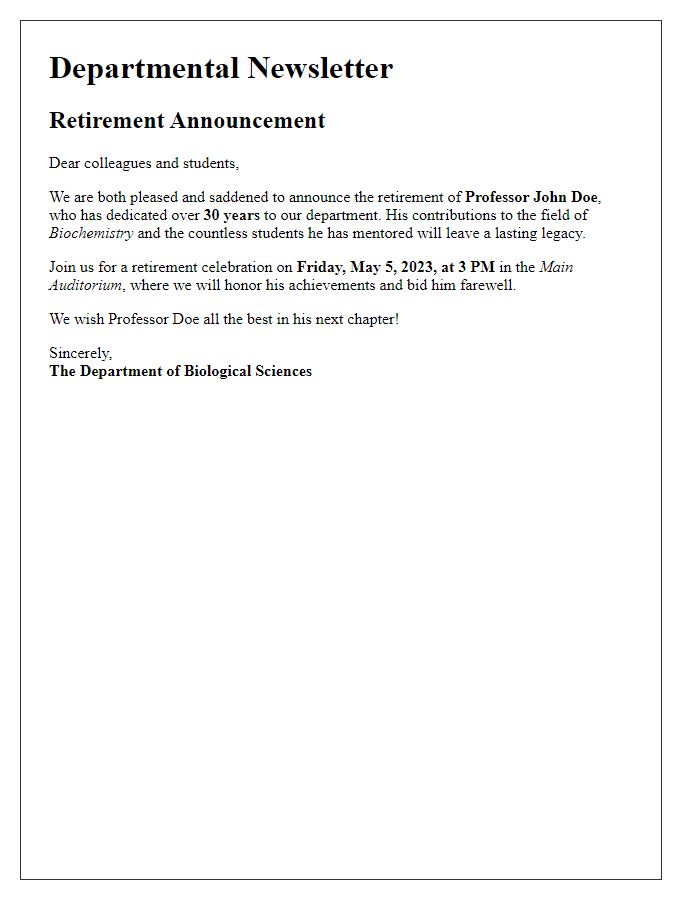 Letter template of faculty retirement announcement for departmental newsletter