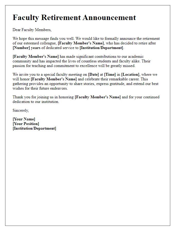 Letter template of faculty retirement announcement for faculty meeting