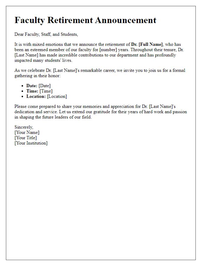 Letter template of faculty retirement announcement for a formal gathering