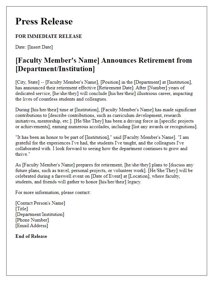 Letter template of faculty retirement announcement for a press release