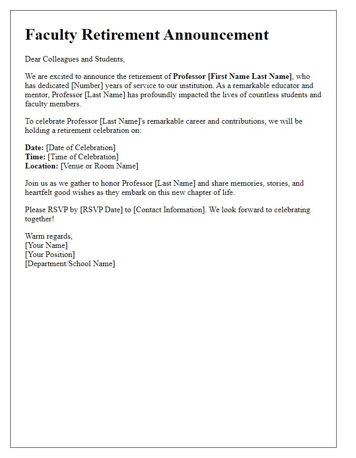 Letter template of faculty retirement announcement for a retirement celebration event