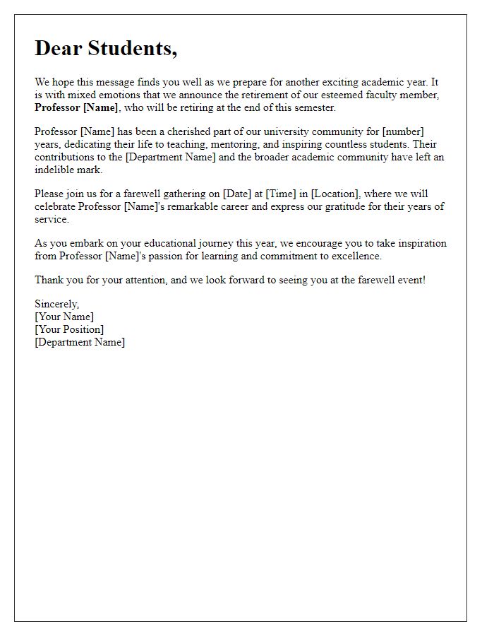 Letter template of faculty retirement announcement for student orientation