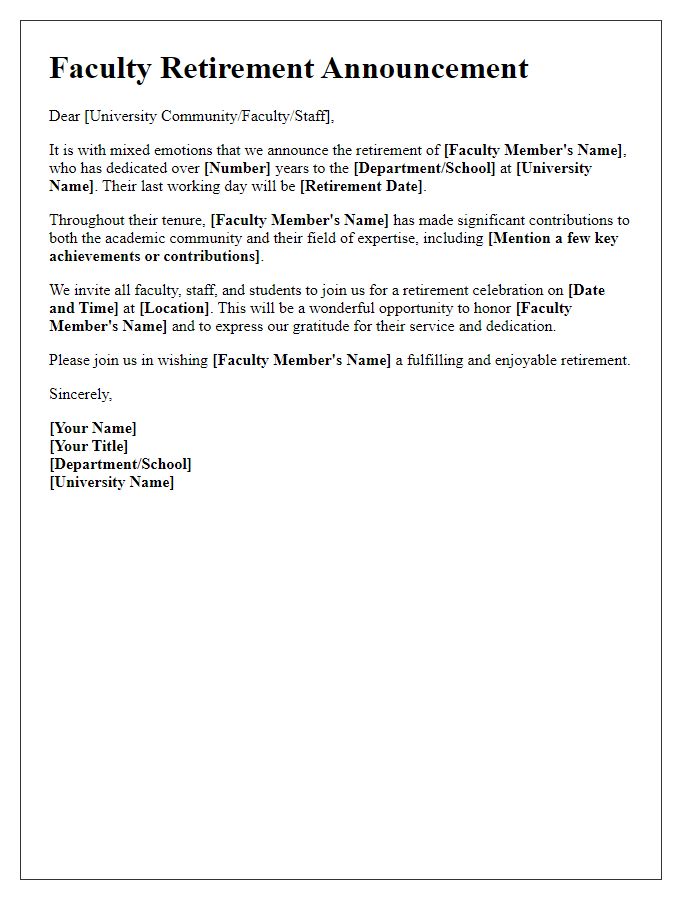 Letter template of faculty retirement announcement for university-wide communication