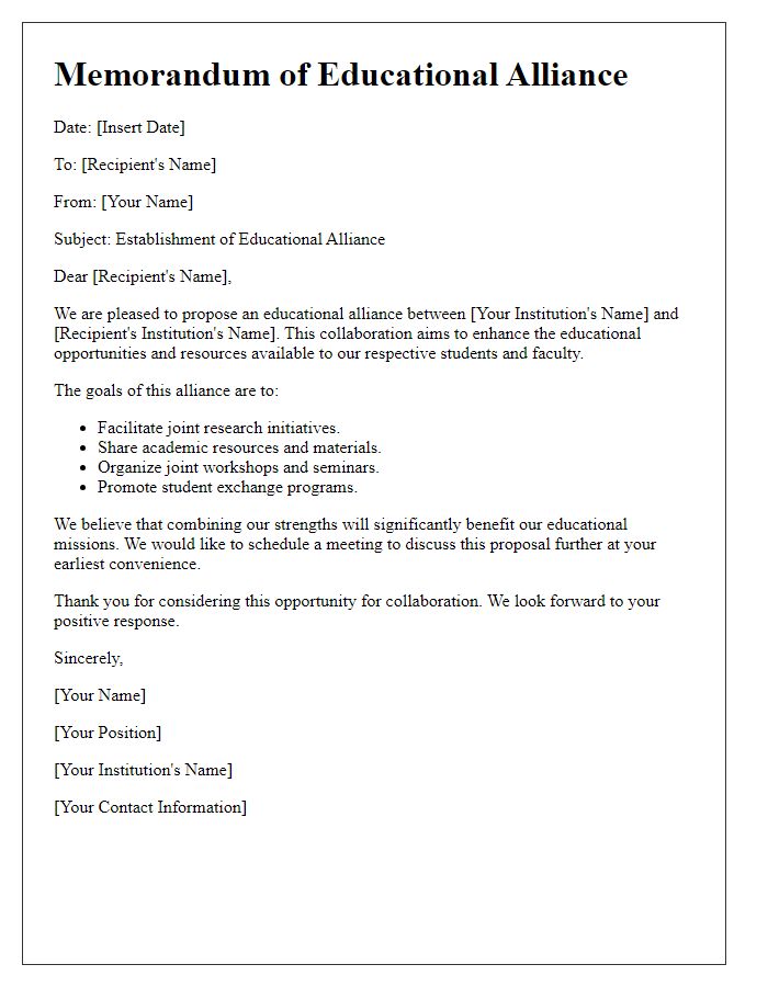 Letter template of educational alliance memorandum