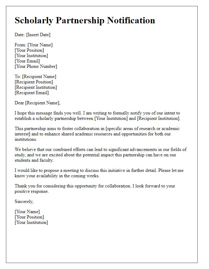 Letter template of scholarly partnership notification