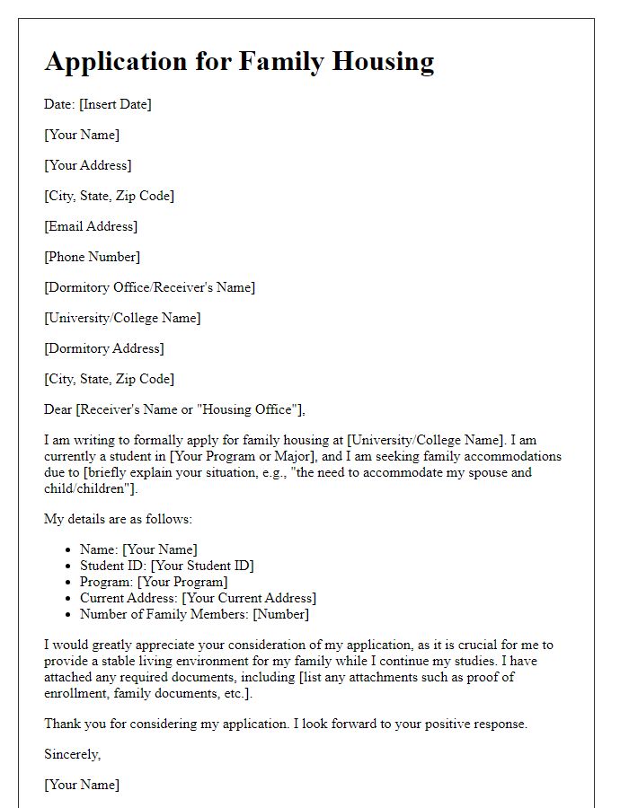 Letter template of student dormitory application for family housing