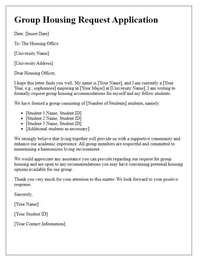 Letter template of student dormitory application for group housing requests