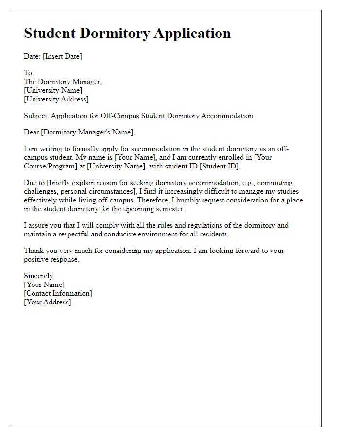 Letter template of student dormitory application for off-campus students