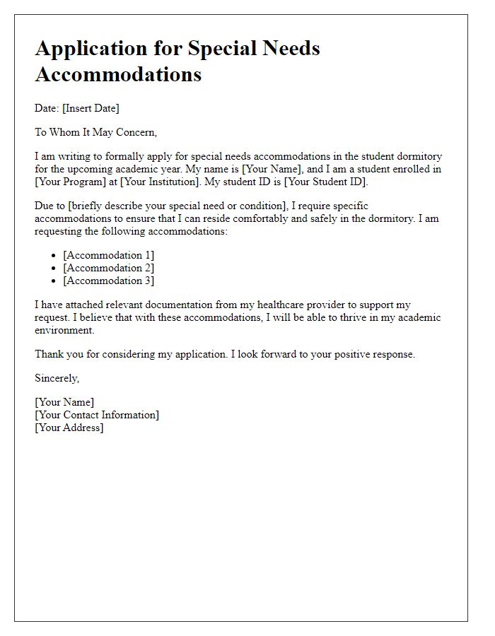 Letter template of student dormitory application for special needs accommodations