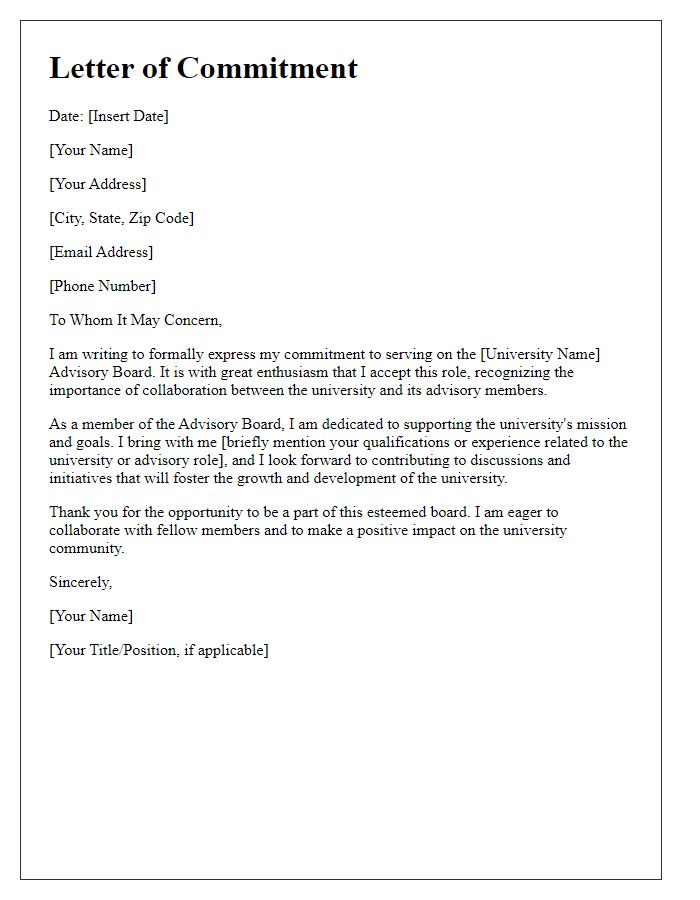 Letter template of expression of commitment to university advisory board