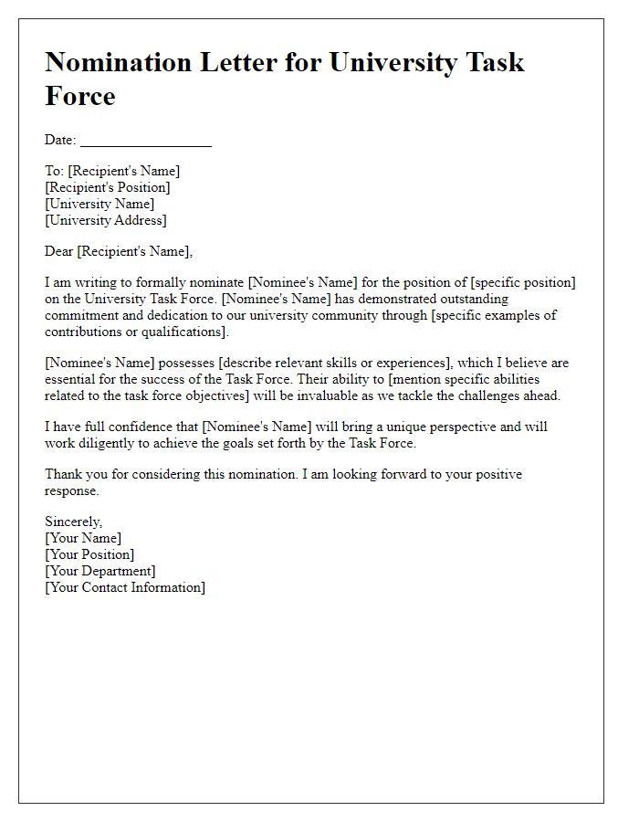 Letter template of nomination for university task force