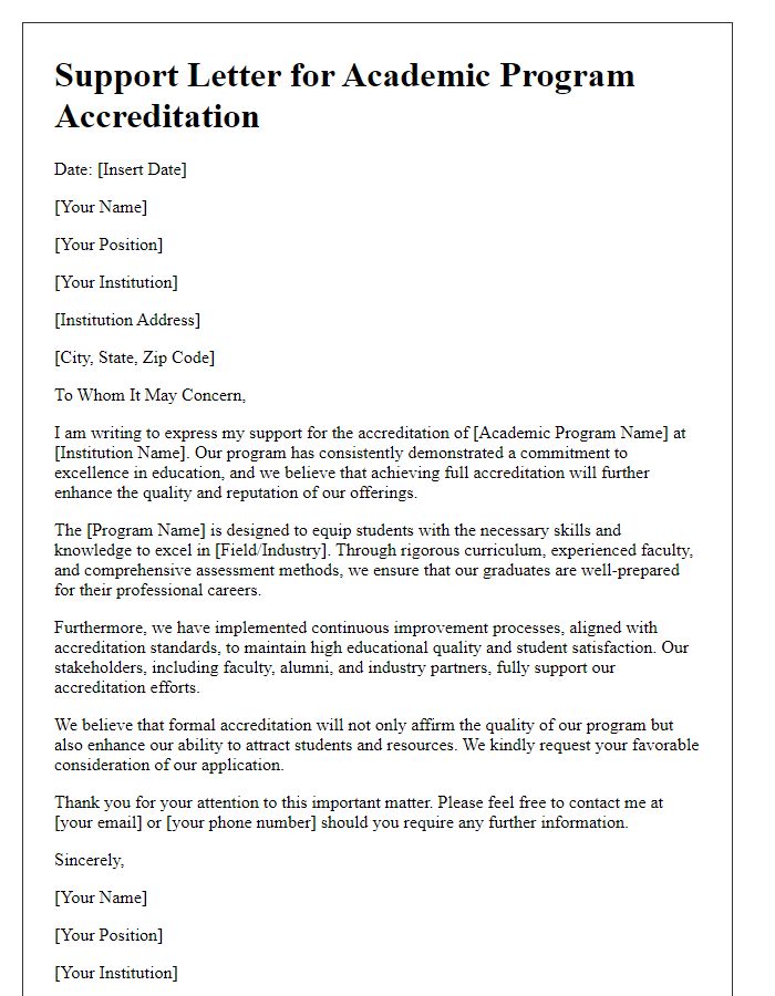 Letter template of academic program accreditation support letter