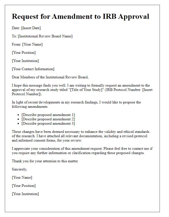 Letter template of amendment request to institutional review board approval.