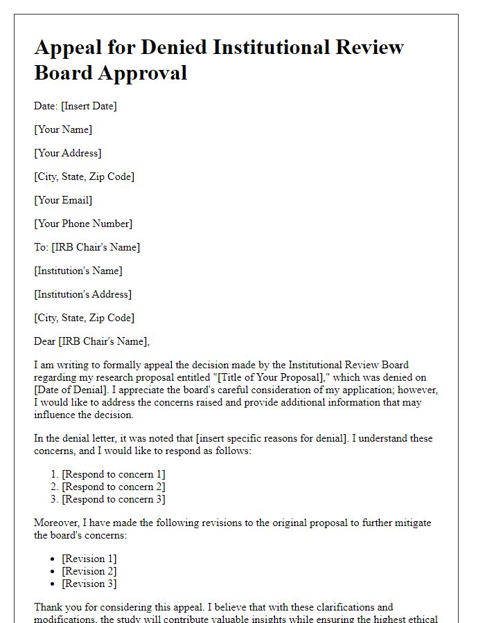 Letter template of appeal for denied institutional review board approval.