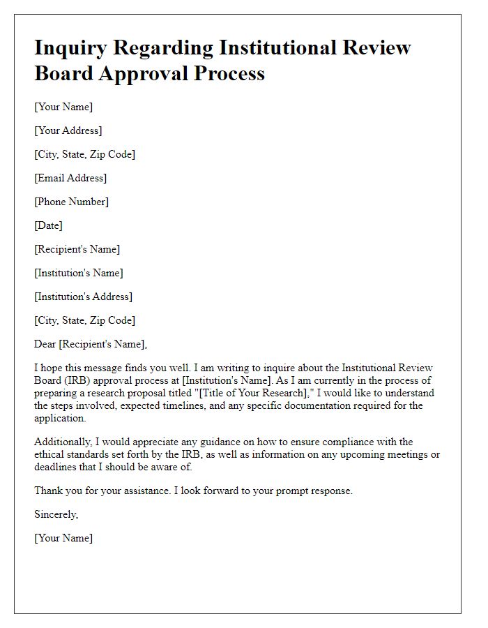 Letter template of inquiry regarding institutional review board approval process.