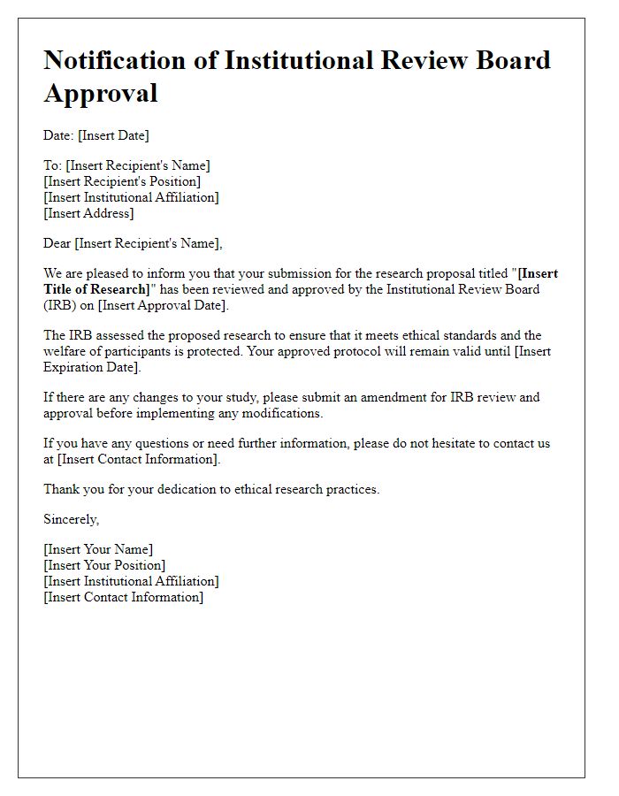 Letter template of notification for institutional review board approval submission.