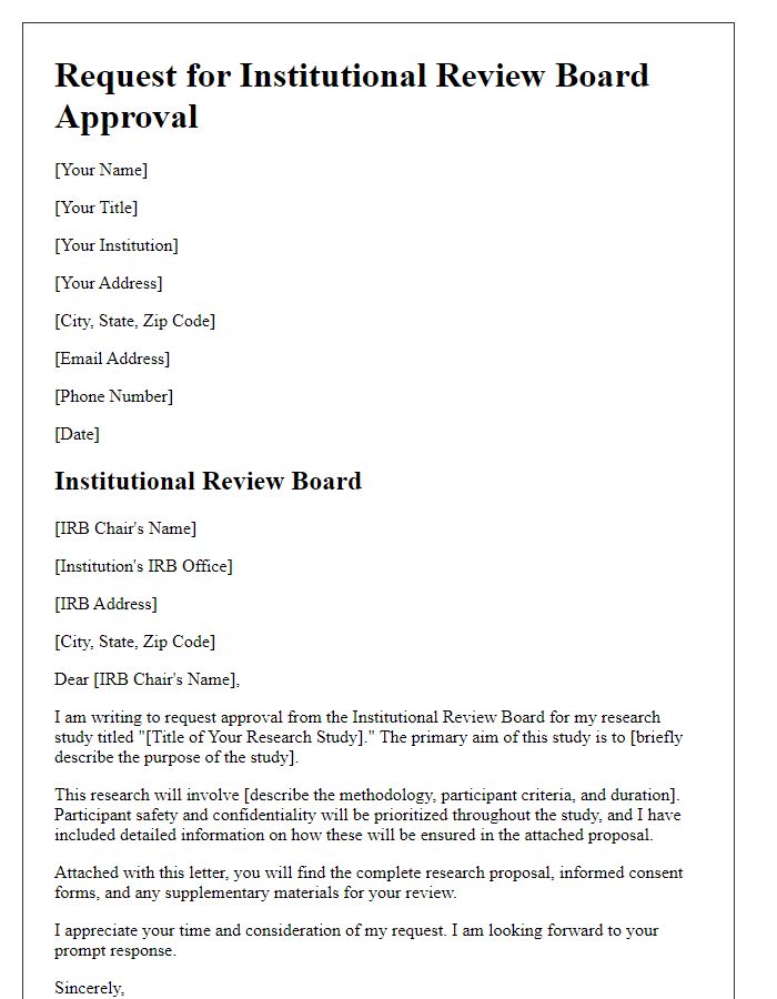 Letter template of request for institutional review board approval for research study.