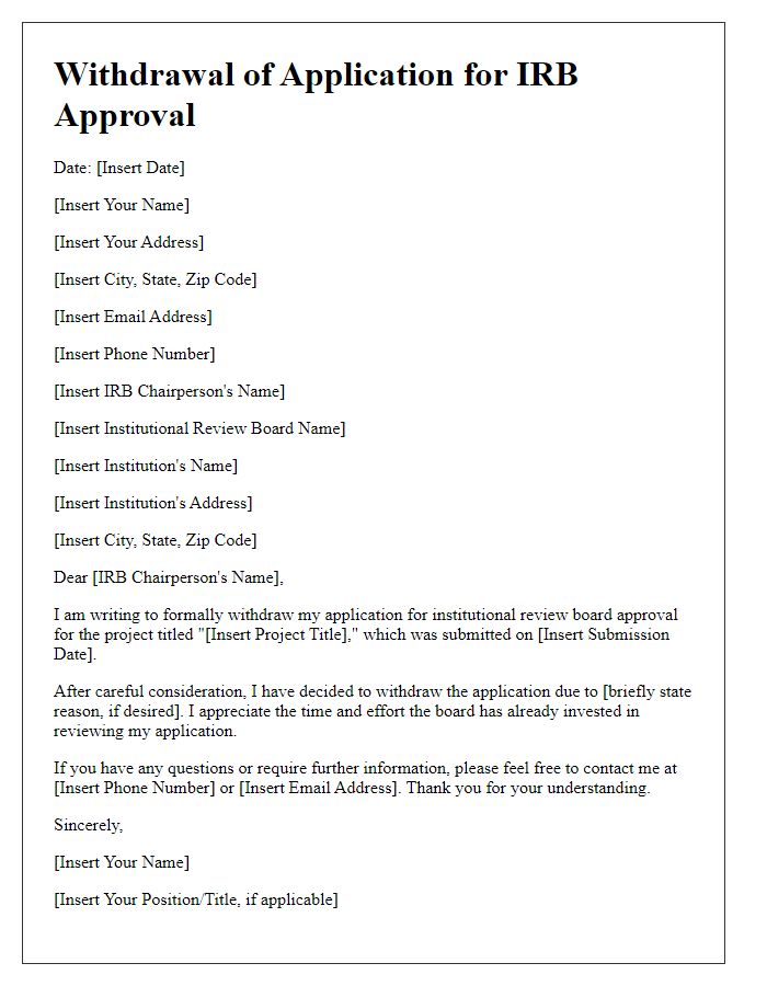 Letter template of withdrawal of application for institutional review board approval.