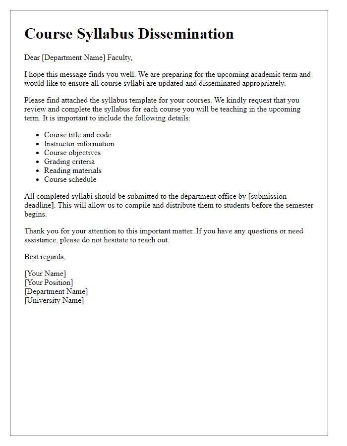 Letter template of course syllabus dissemination for academic departments