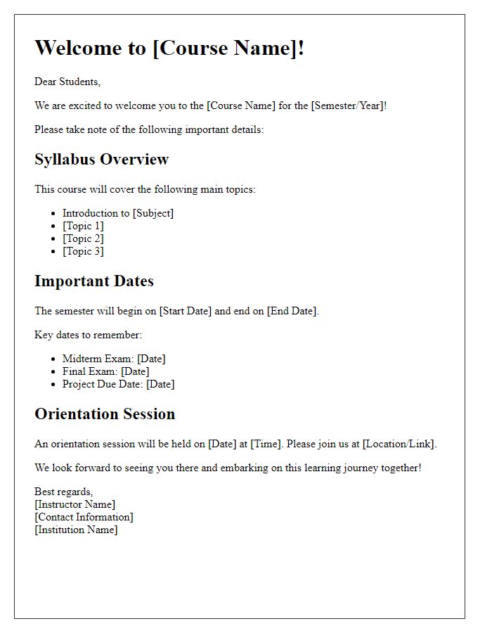 Letter template of syllabus announcement for student orientation