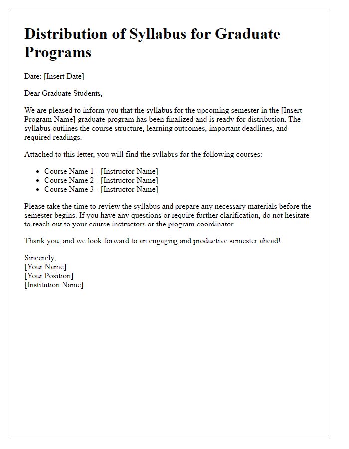 Letter template of syllabus distribution for graduate programs